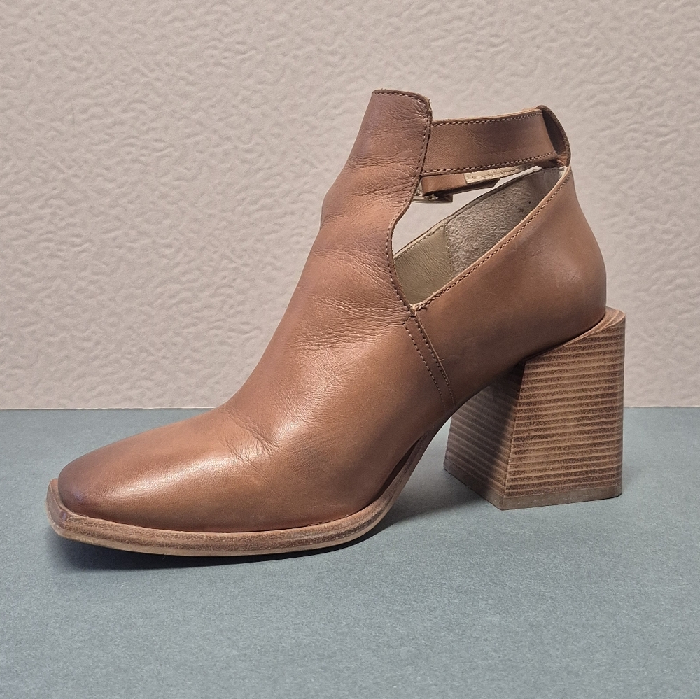 FREE PEOPLE Brown Leather Ankle Boots - Brady Shoe Bootie - Block Heel